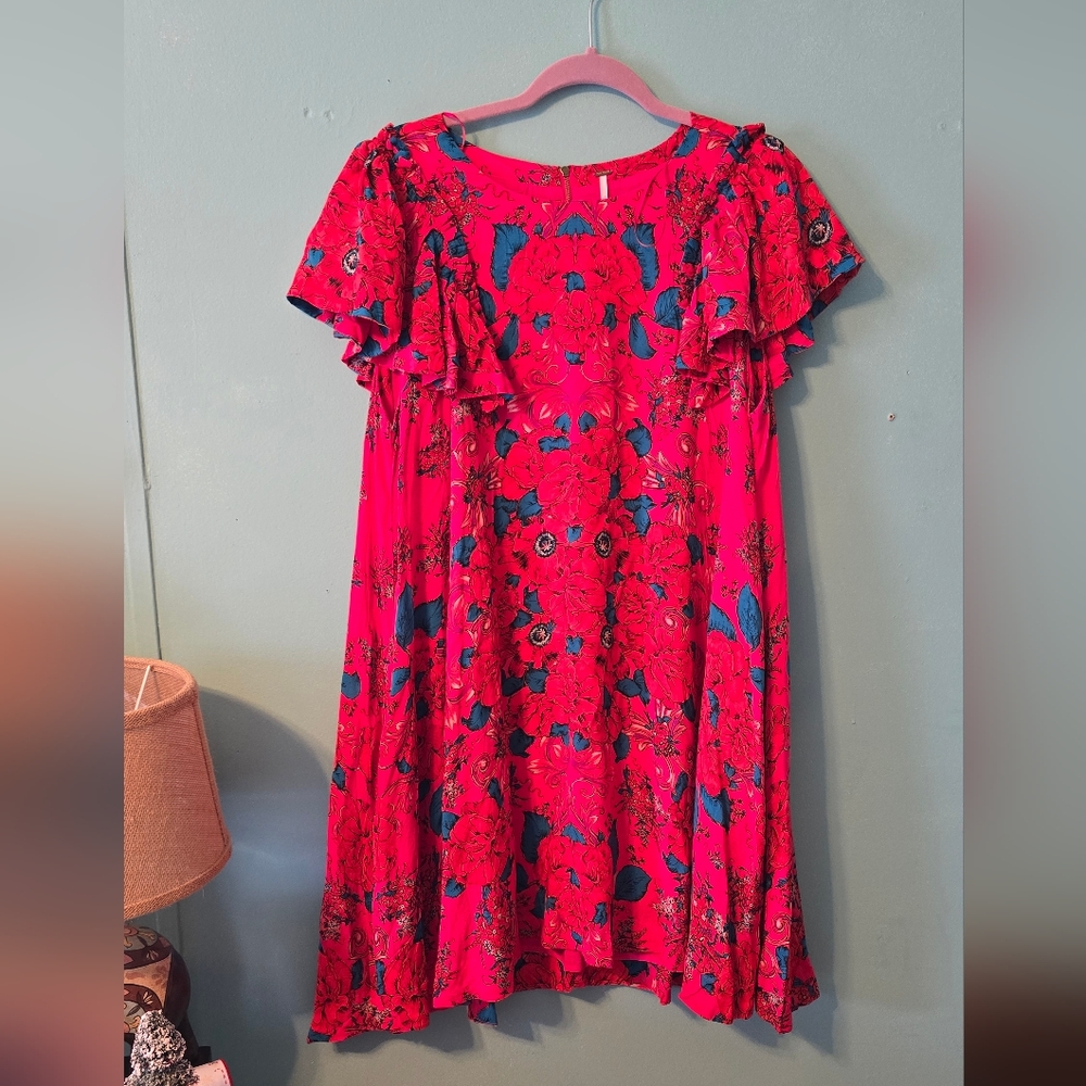 Free People Red and Blue Ruffled Tiered Sundress